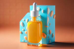 3D Skin Serum and Vitamin illustration isolated on blue background. photo