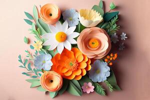Amazing Flat lay of paper flowers arrangement for women's day, realistic. photo
