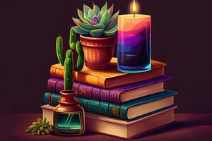 Background for World Book Day. Still life with stack of colorful books and home interior decor. photo