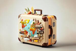 Wonderful Photoreal suitcase with different travel destination elements. World travel concept, 3D rendering. photo