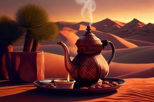 Special Dates, teapot, cup with tea near the fire in the desert with a beautiful background. photo