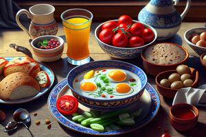 Delicious meal in a pot with a cup of tea, turkish bagel, salad top view on a white surface. photo