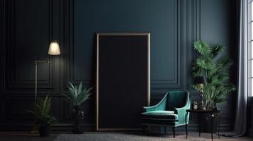 Modern classic black interior with capitone brown leather chester sofa. photo
