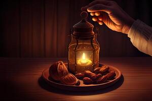 Organic Holy month of Ramadan concept. Righteous Muslim Lifestyle. Fasting. Ramadan lantern, dates, glass of milk. photo