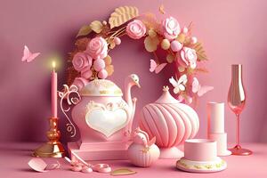 Surprising Pink decoration with wedding items and copy space. photo