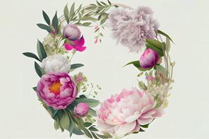 Wonderful Circle from peonies in the white background, realistic. photo