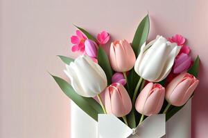 Greeting card and tulips on white wooden background for mother's day. photo