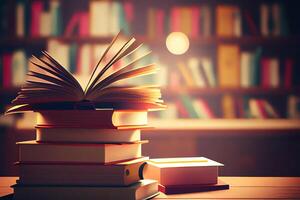 Book in library with old open textbook, stack piles of literature text archive on reading desk. photo
