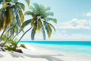 Excellent Beautiful tropical beach banner. White sand and coco palms travel tourism wide panorama background concept. Amazing beach landscape, 3D rendering. photo