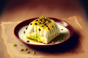 Nutritious Traditional Arabian Kanafe with Cream and Cheese with pistachio nuts. photo