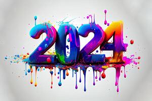 Exceptional 2024 Happy New Year celebration banner with colorful 3D numbers made of colorful paint splashes. photo