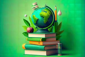 Education composition with a globe, a stack of books and school supplies on a green background. photo