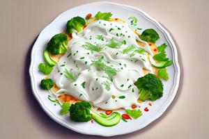 Surprising Many vegetable flitters in the plate with white sauce. photo