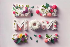 Very Attractive3D Mom abstract text declaration of love made from white letters and flowers. photo
