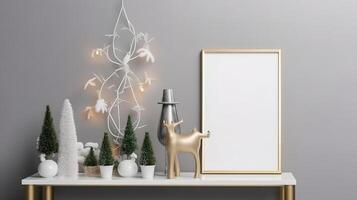 Christmas background empty wooden picture frame mock up and decoration. photo