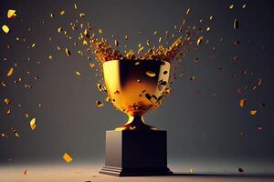 Amazing close up golden trophy award with falling confetti, copy space for text, 3d rendering. photo