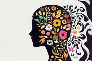 Beautiful Paper cut girl head silhouette cutout with hand drawn spring and flower doodles. photo