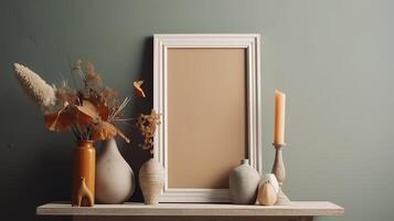 Mock up frame close up in home interior background ,Boho style, 3d render. photo