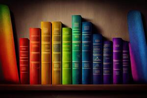 Row of old books on rainbow shelf. horizontal background scene. photo