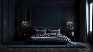 Beautiful dark bedroom interior background, 3d render, Bright color. photo