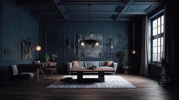 Dark living room interior, farmhouse style, 3d render, Bright color. photo