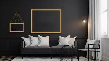 Picture frame mockup hanging in a modern living room. photo