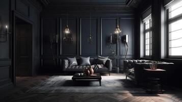 Dark living room interior, farmhouse style, 3d render, Bright color. photo