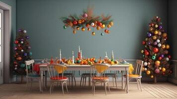 Christmas eve dinner with decorated table and hanging Xmas tree. photo