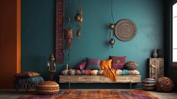 Eclectic bohemian interior background, empty wall mockup, 3d render, Bright color. photo