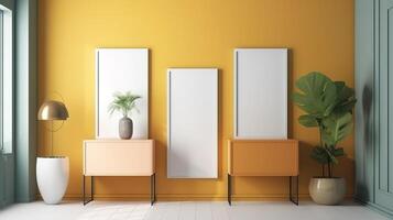 Mock up poster frame in home interior background, 3D render, Bright color. photo