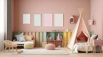 Realistic scandinavian boy's room furnituree. photo