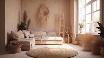 Wood chair in white living room interior with blank table for mockup. photo