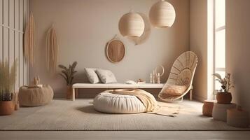 Empty wooden frame standing on floor have sofa and decoration. photo
