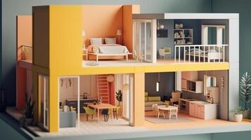 Mock up of furnished home apartment, paper model, Bright color. photo