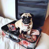 A pug dog is sitting in a suitcase Generative AI Generated photo