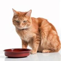 A cat is sitting next to a red bowl Generated photo