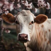 A cow with a pink nose Generated photo
