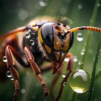 un avispa es Bebiendo agua desde un agua gotita generativo ai generado foto