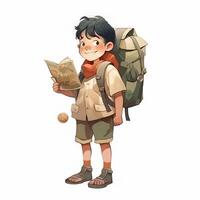 A boy with a backpack and a map Generated photo