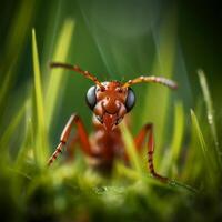 un rojo hormiga con negro y blanco ojos generativo ai generado foto