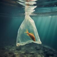 un pescado es nadando en un el plastico bolso generativo ai generado foto