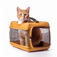 A cat in a yellow carrier Generated photo