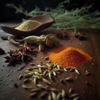 A wooden table with various spices Generated photo