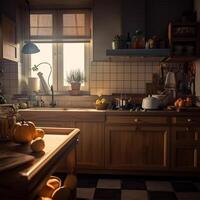 A kitchen with a microwave and a stove with pots Generated photo