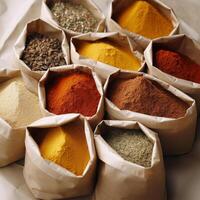 A variety of spices are in bags on a table Generated photo