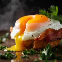 A plate of food with bacon and egg Generated photo
