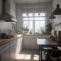 un cocina con un grande ventana generativo ai generado foto