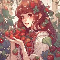 A girl with a bunch of strawberries in her hands Generated photo