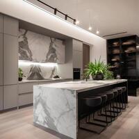 A kitchen with a marble island with a black and white sign Generated photo
