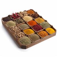 A wooden tray with spices Generated photo